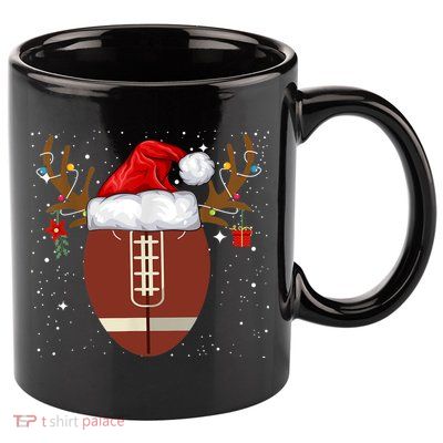 Christmas Football Ball Santa Hat Reindeer Xmas Lights Gifts TShirt 11oz C Handle Ceramic Mug