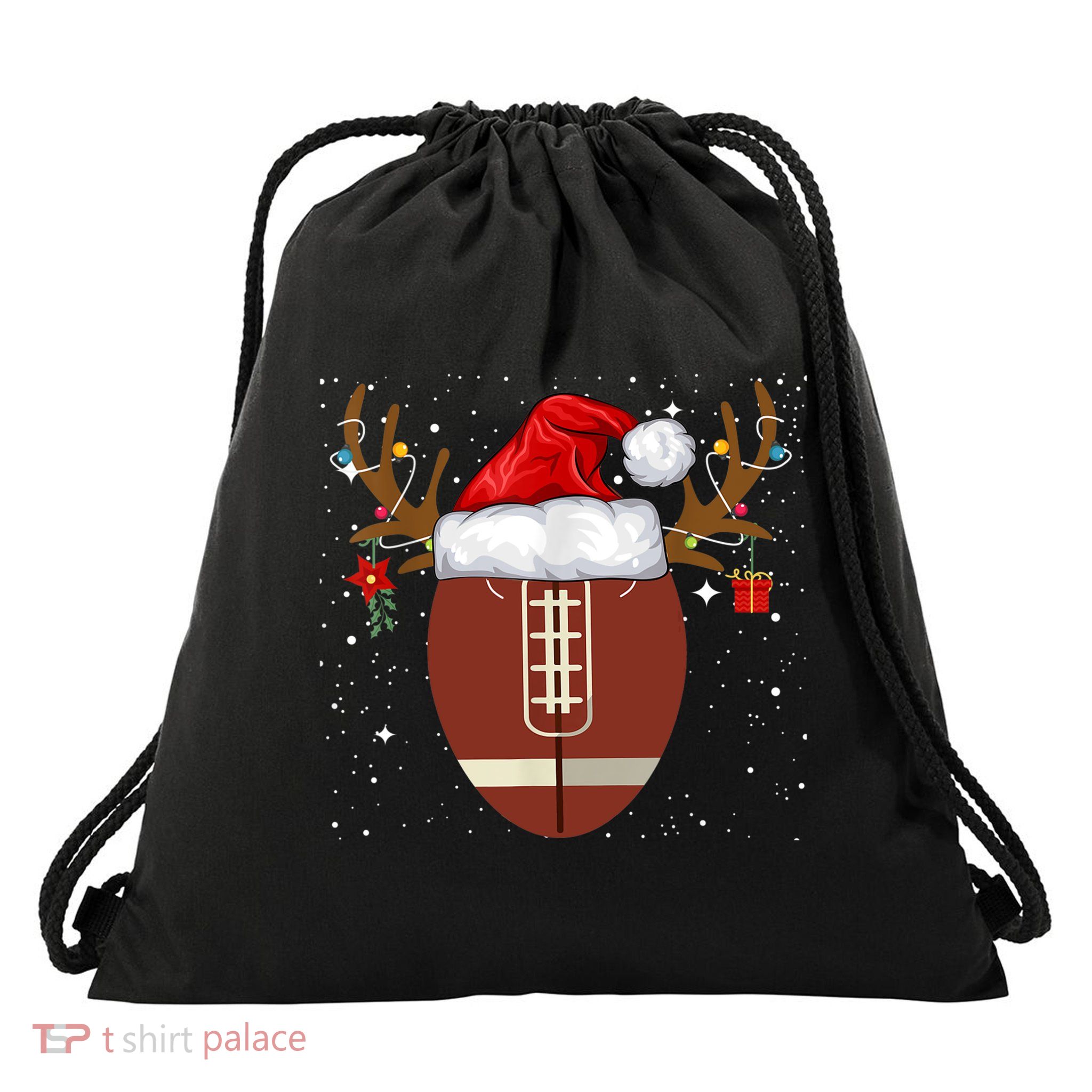Christmas Football Ball Santa Hat Reindeer Xmas Lights Gifts TShirt Drawstring Bag