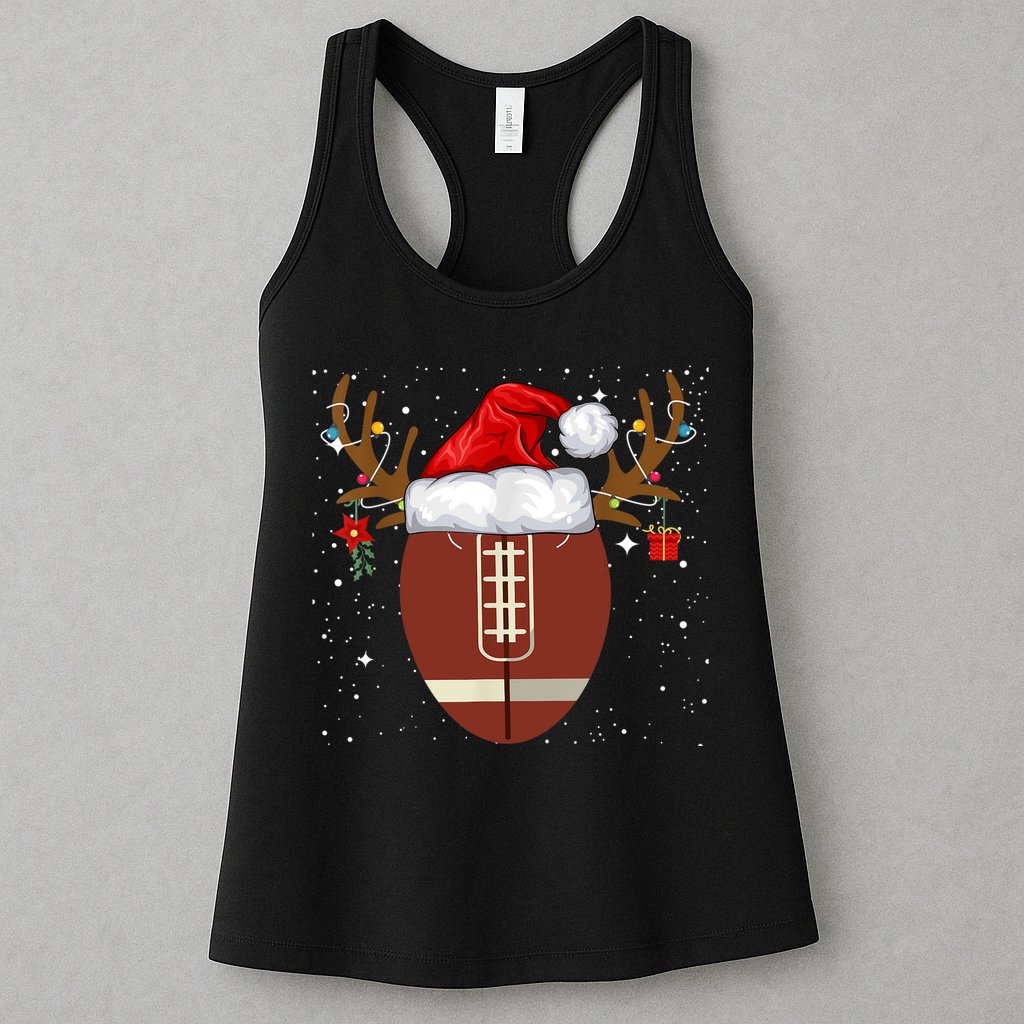 Christmas Football Ball Santa Hat Reindeer Xmas Lights Gifts TShirt Womens Tank Top
