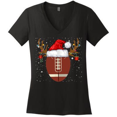 Christmas Football Ball Santa Hat Reindeer Xmas Lights Gifts TShirt Women's V-Neck T-Shirt