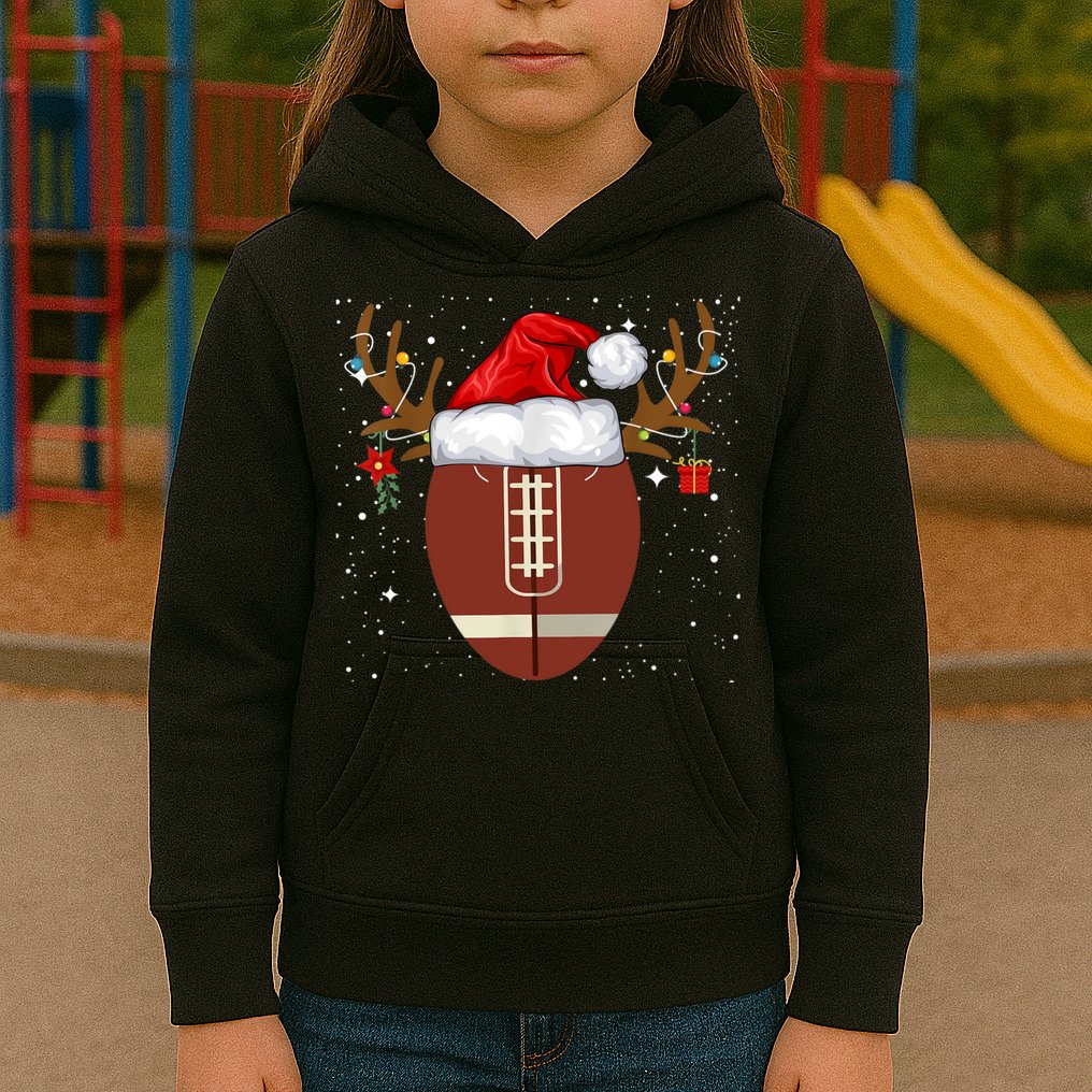 Christmas Football Ball Santa Hat Reindeer Xmas Lights Gifts TShirt Kids Hoodie