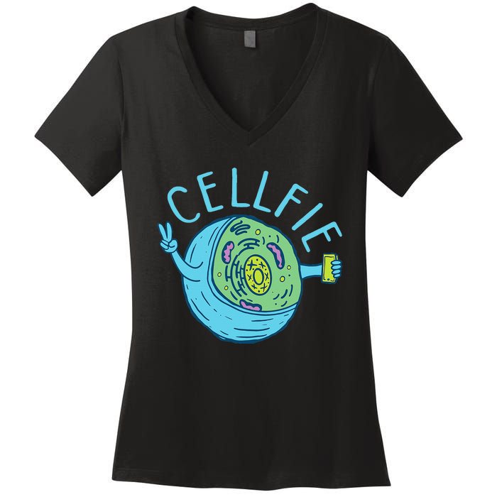 Cellfie Funny Biologist Biology Student Cell Science Women's V-Neck T-Shirt