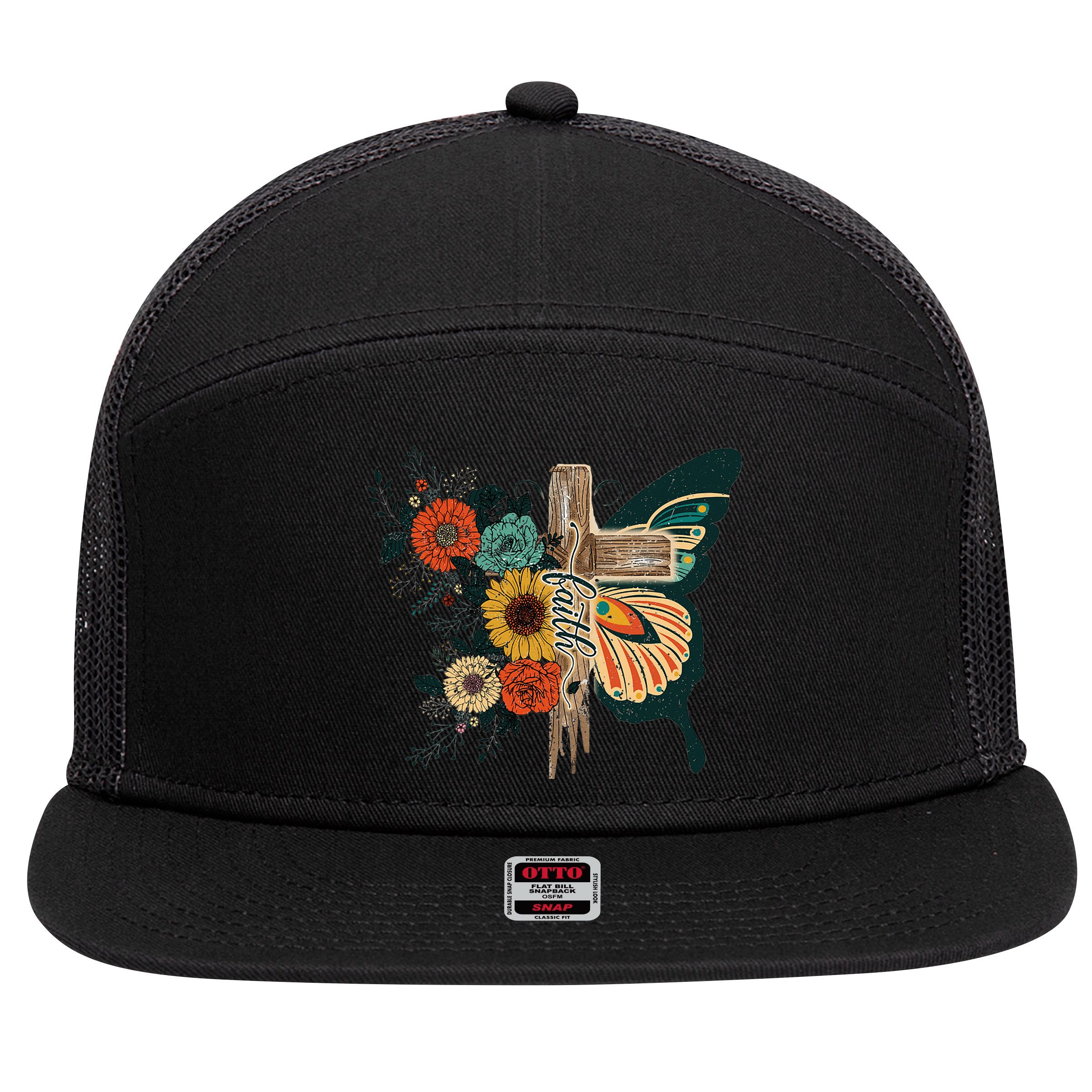 Christian Faith Butterfly Cross Rainbow Sunflowers 7 Panel Mesh Trucker Snapback Hat