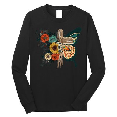 Christian Faith Butterfly Cross Rainbow Sunflowers Long Sleeve Shirt