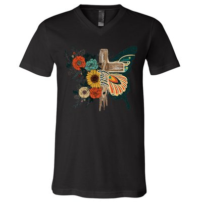 Christian Faith Butterfly Cross Rainbow Sunflowers V-Neck T-Shirt