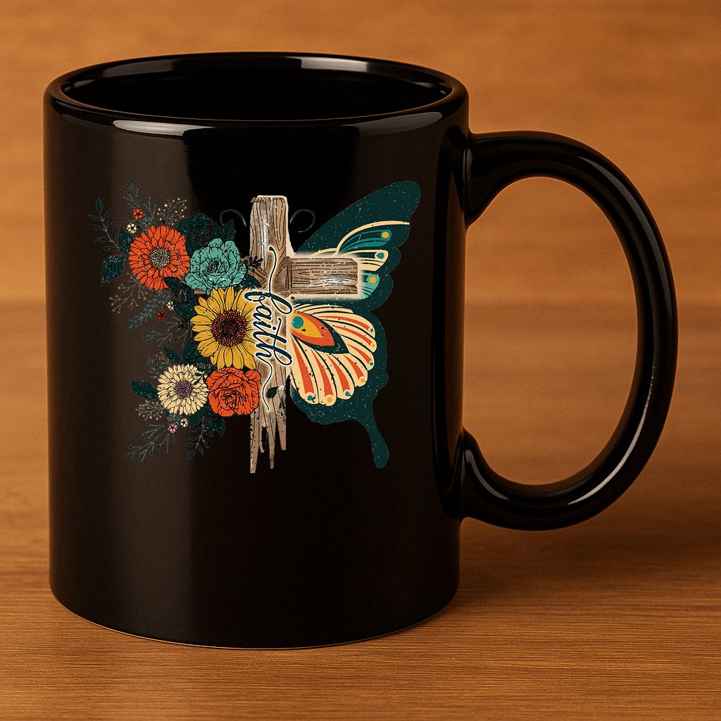 Christian Faith Butterfly Cross Rainbow Sunflowers 11oz C Handle Ceramic Mug