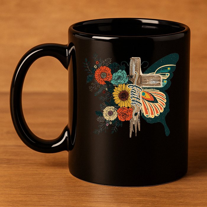 Christian Faith Butterfly Cross Rainbow Sunflowers 11oz C Handle Ceramic Mug