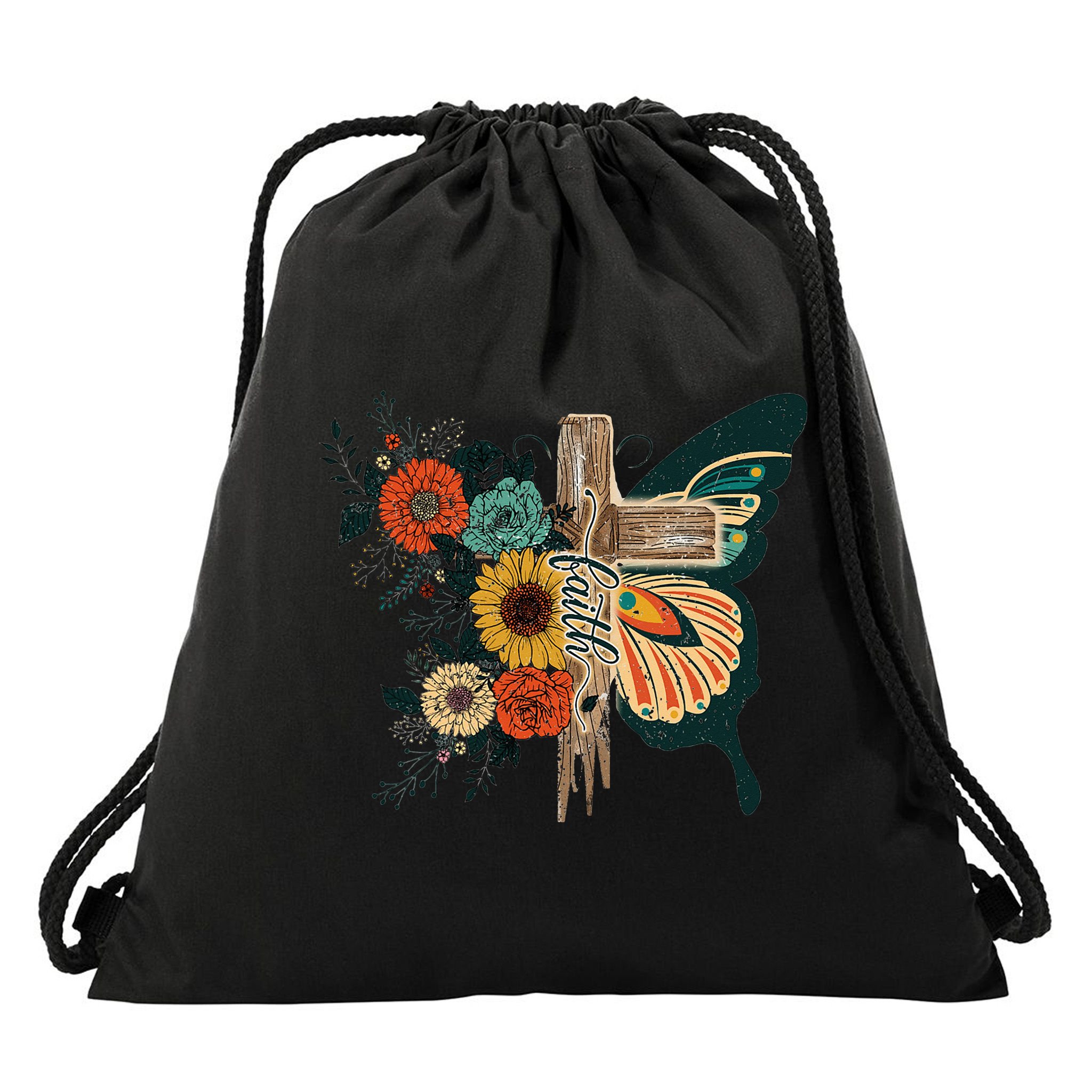 Christian Faith Butterfly Cross Rainbow Sunflowers Drawstring Bag