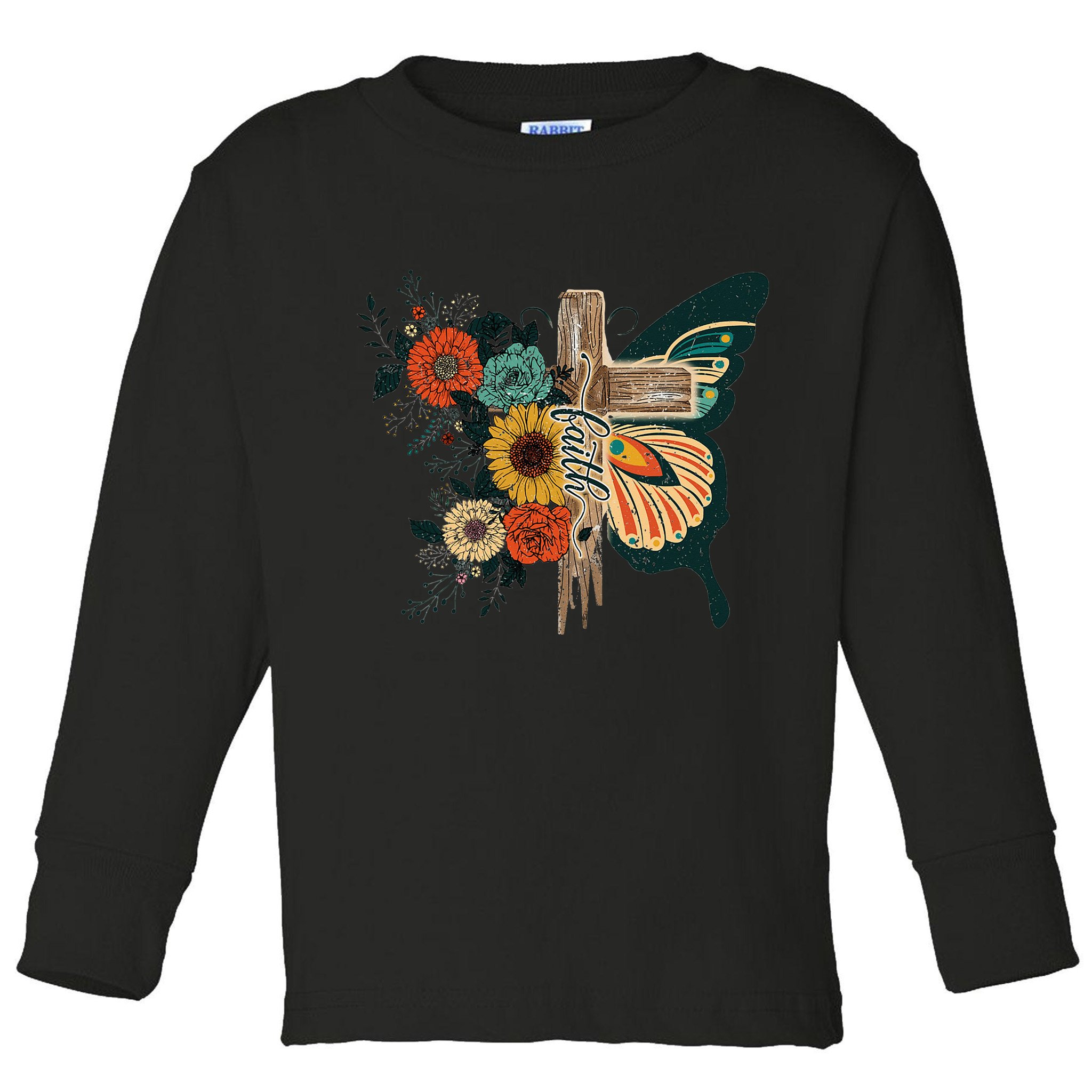 Christian Faith Butterfly Cross Rainbow Sunflowers Toddler Long Sleeve Shirt