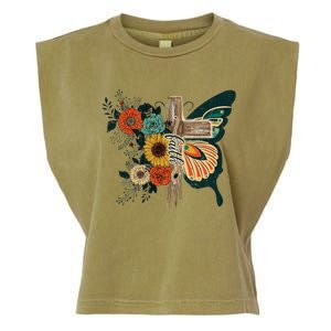 Christian Faith Butterfly Cross Rainbow Sunflowers Garment-Dyed Women's Muscle Tee