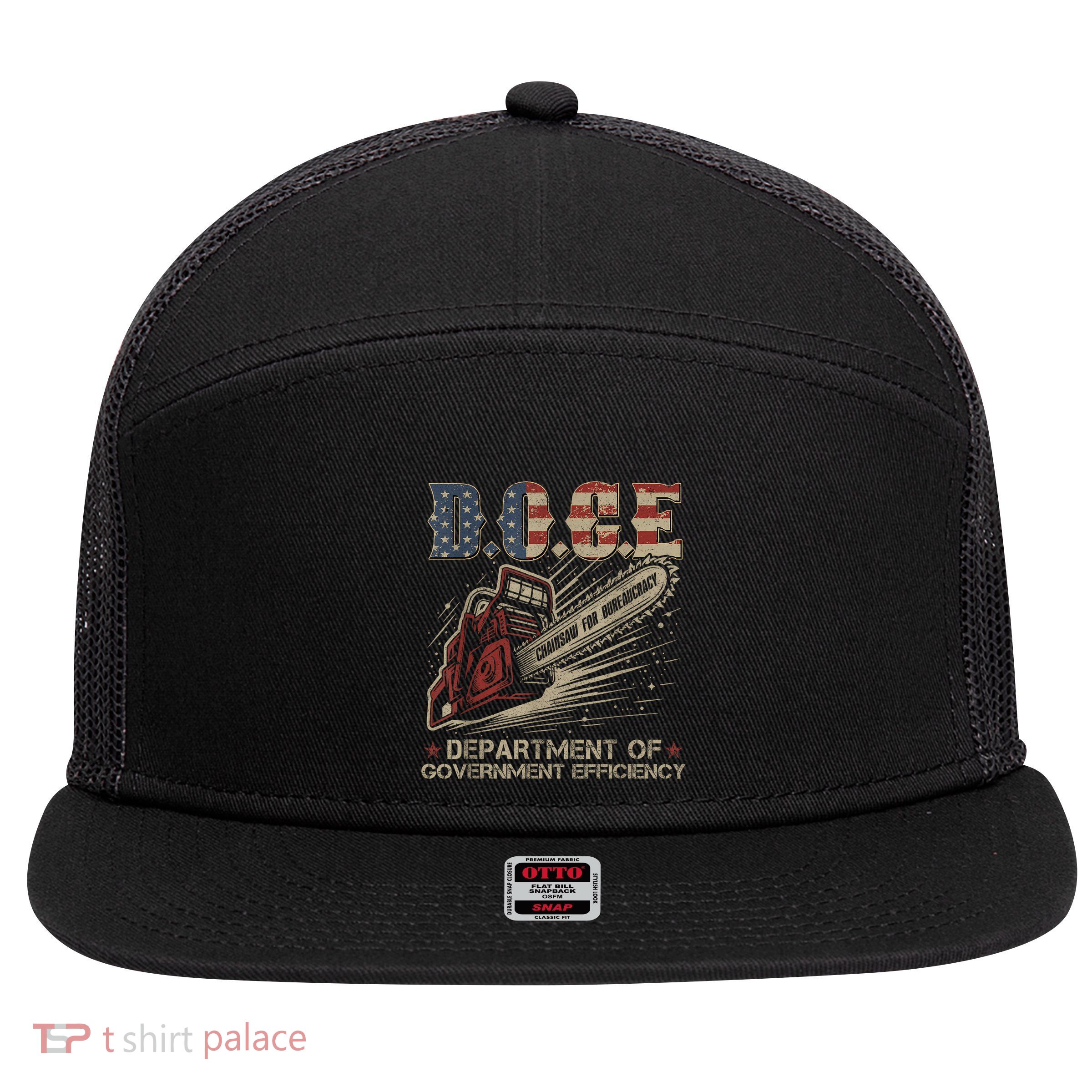 Chainsaw For Bureaucracy Funny D.O.G.E Doge Usa Flag 7 Panel Mesh Trucker Snapback Hat
