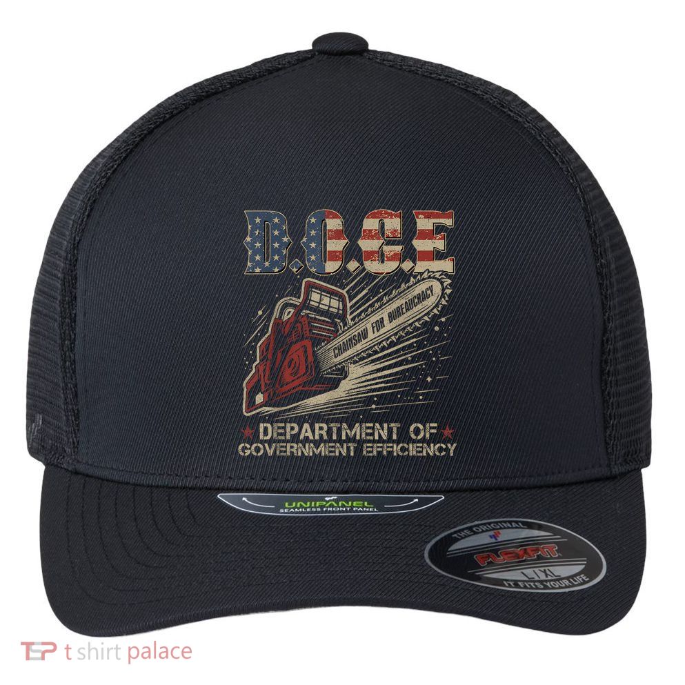 Chainsaw For Bureaucracy Funny D.O.G.E Doge Usa Flag Flexfit Unipanel Trucker Cap