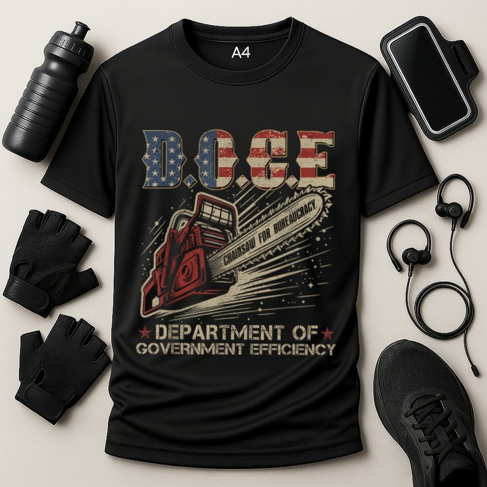Chainsaw For Bureaucracy Funny D.O.G.E Doge Usa Flag Cooling Performance Crew T-Shirt