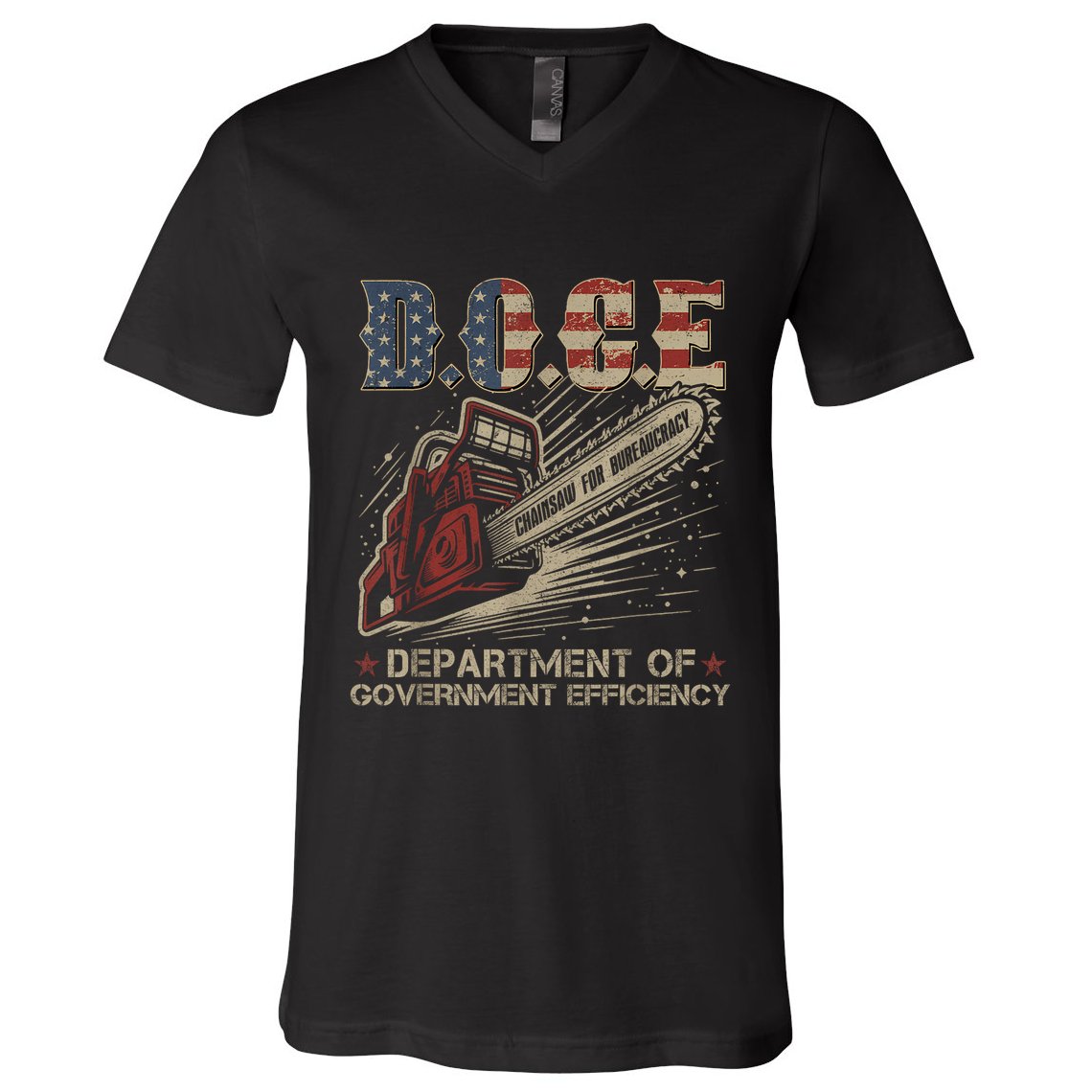 Chainsaw For Bureaucracy Funny D.O.G.E Doge Usa Flag V-Neck T-Shirt