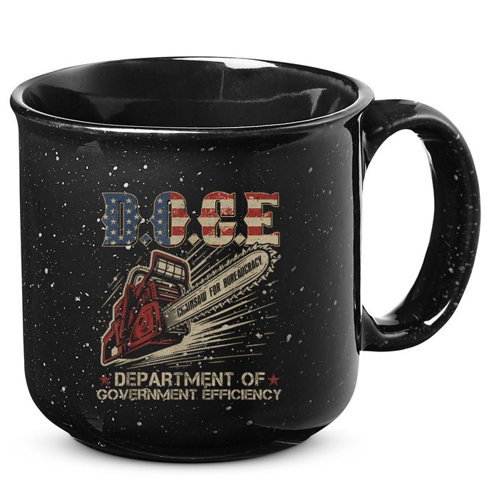 Chainsaw For Bureaucracy Funny D.O.G.E Doge Usa Flag 15oz Campfire Ceramic Mug