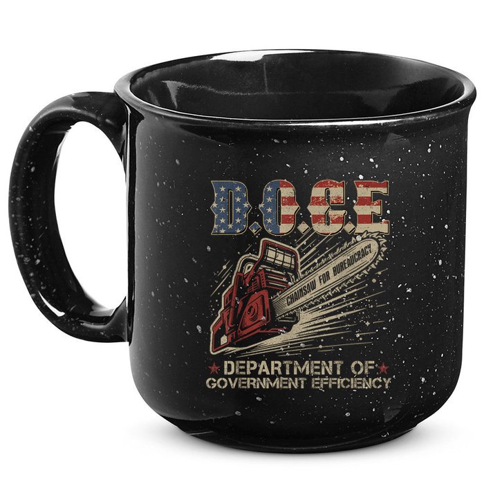 Chainsaw For Bureaucracy Funny D.O.G.E Doge Usa Flag 15oz Campfire Ceramic Mug