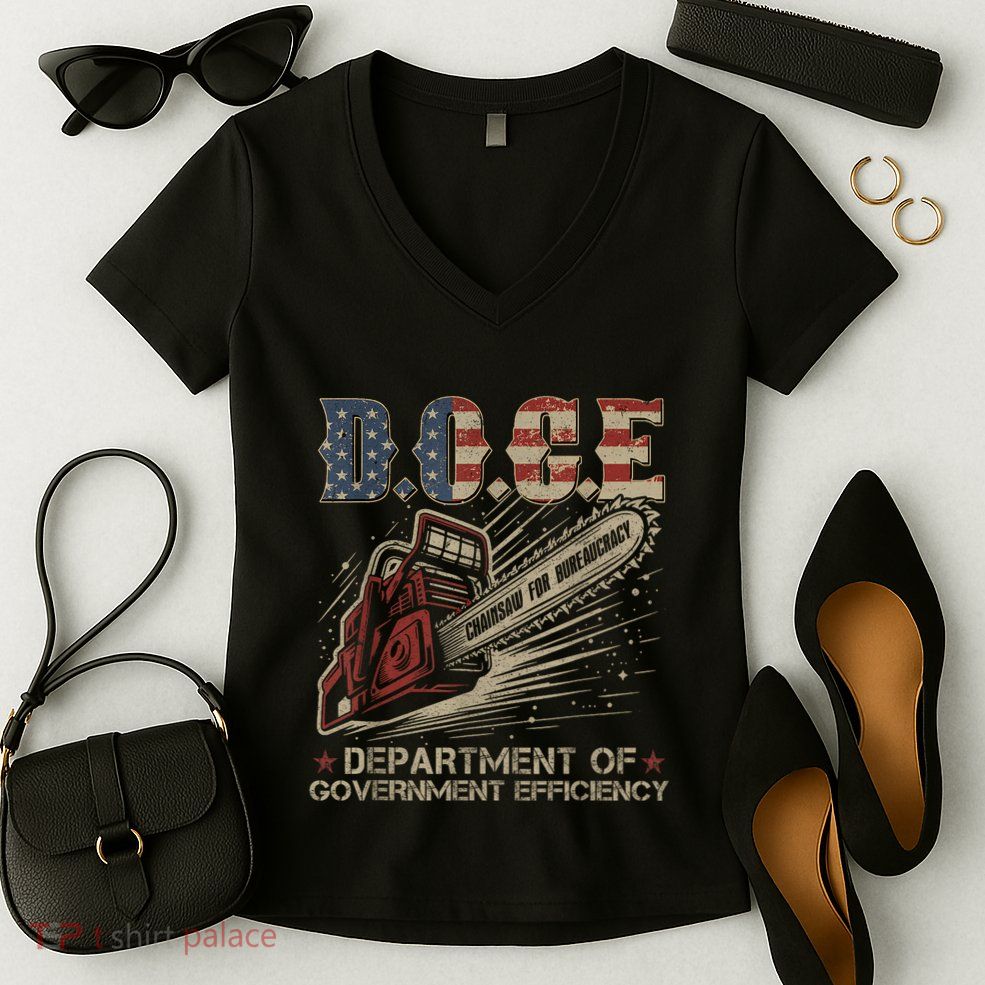 Chainsaw For Bureaucracy Funny D.O.G.E Doge Usa Flag Women's V-Neck T-Shirt