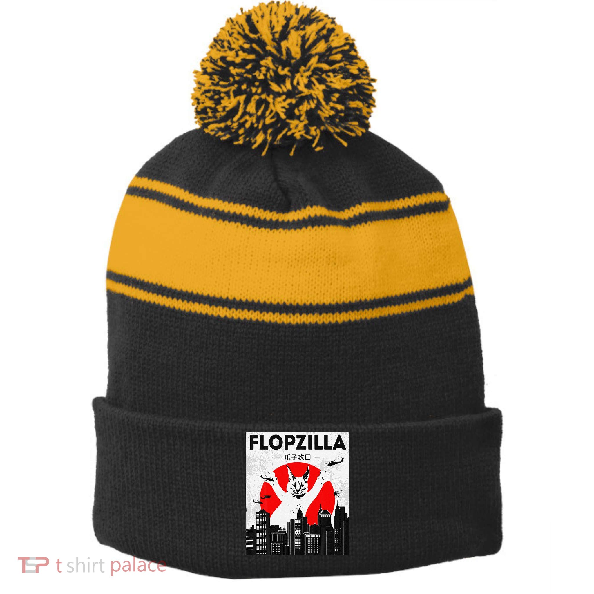 Catzilla Funny Big Floppa Meme Flopzilla Caracal Cat Lover Stripe Pom Pom Beanie