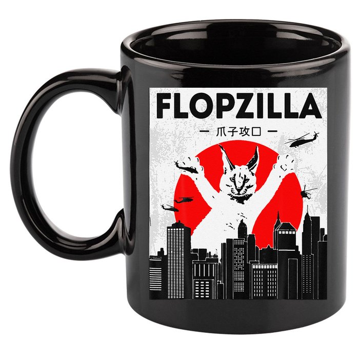 Catzilla Funny Big Floppa Meme Flopzilla Caracal Cat Lover 11oz C Handle Ceramic Mug