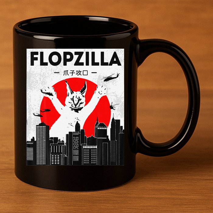 Catzilla Funny Big Floppa Meme Flopzilla Caracal Cat Lover 11oz C Handle Ceramic Mug
