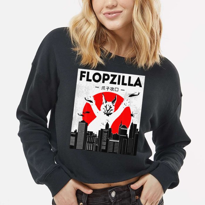 Catzilla Funny Big Floppa Meme Flopzilla Caracal Cat Lover Cropped Pullover Crew