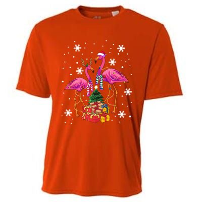 Christmas Flamingos Beach Snowflakes Deck The Palms Gift Cooling Performance Crew T-Shirt