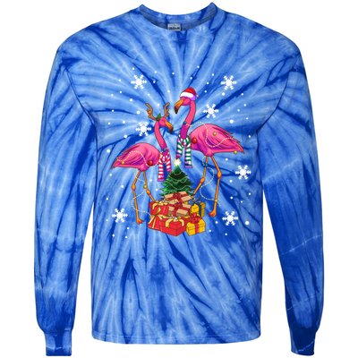 Christmas Flamingos Beach Snowflakes Deck The Palms Gift Tie-Dye Long Sleeve Shirt