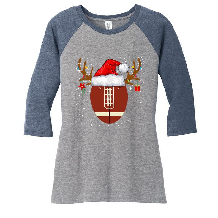 Christmas Football Ball Santa Hat Reindeer Xmas Boys Women's Tri-Blend 3/4-Sleeve Raglan Shirt