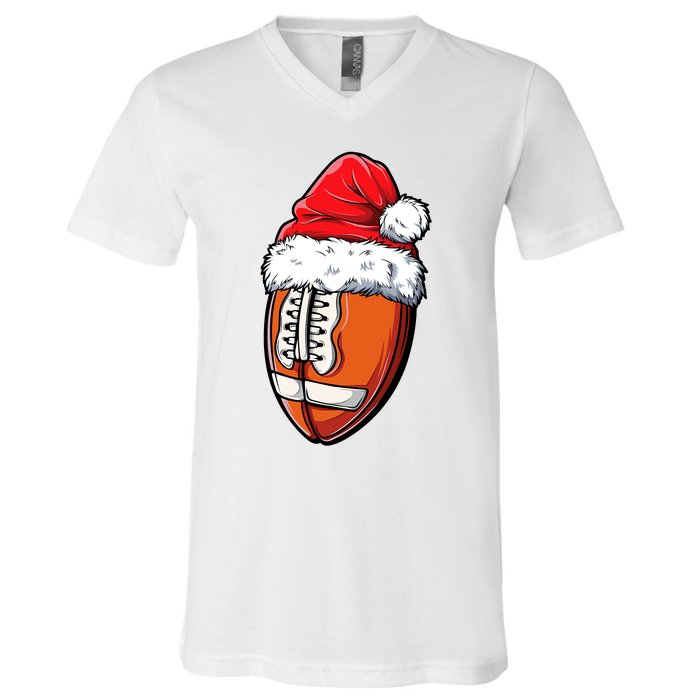 Christmas Football Ball Santa Hat Xmas Team Sport V-Neck T-Shirt