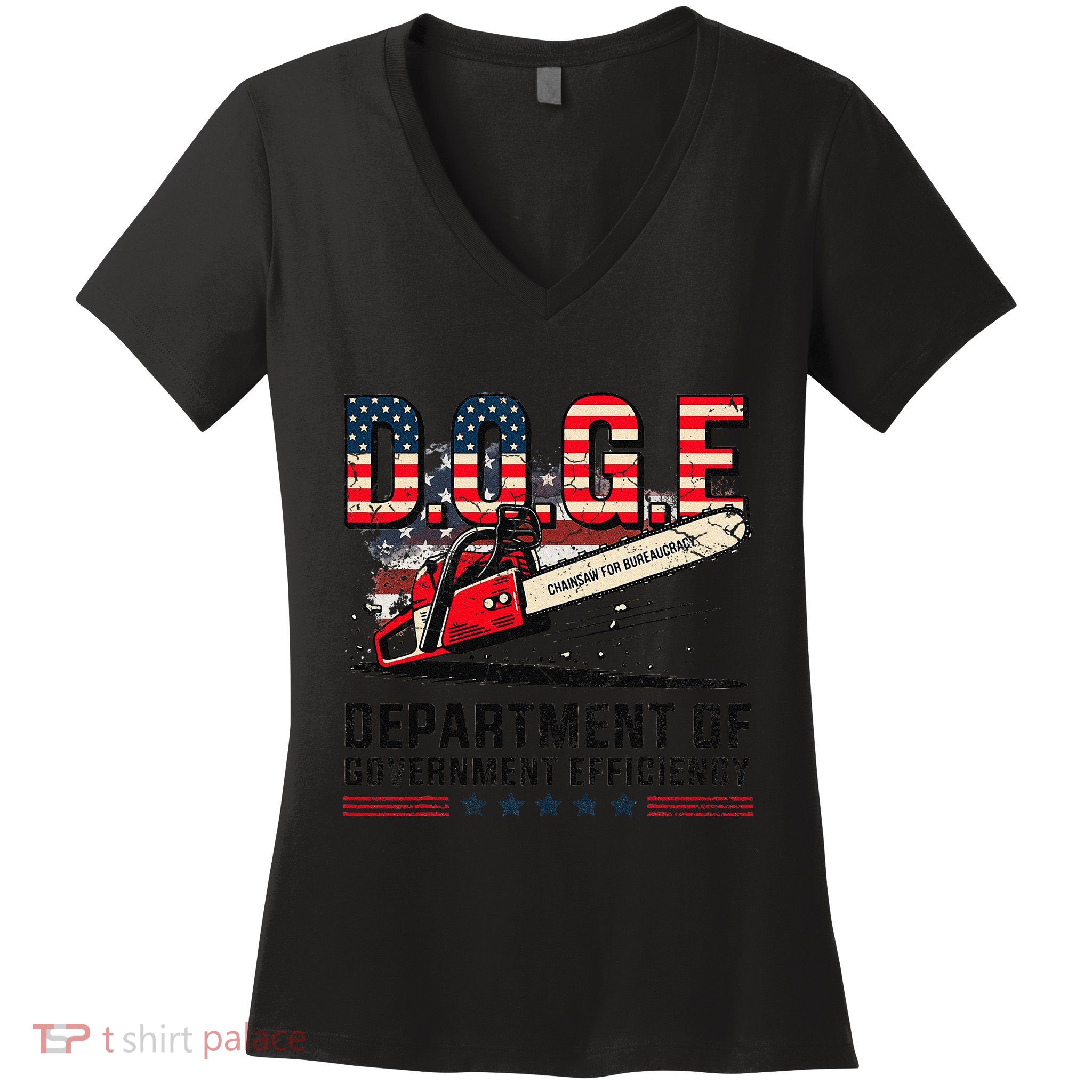Chainsaw For Bureaucracy Funny D.O.G.E Vintage Usa Flag Women's V-Neck T-Shirt