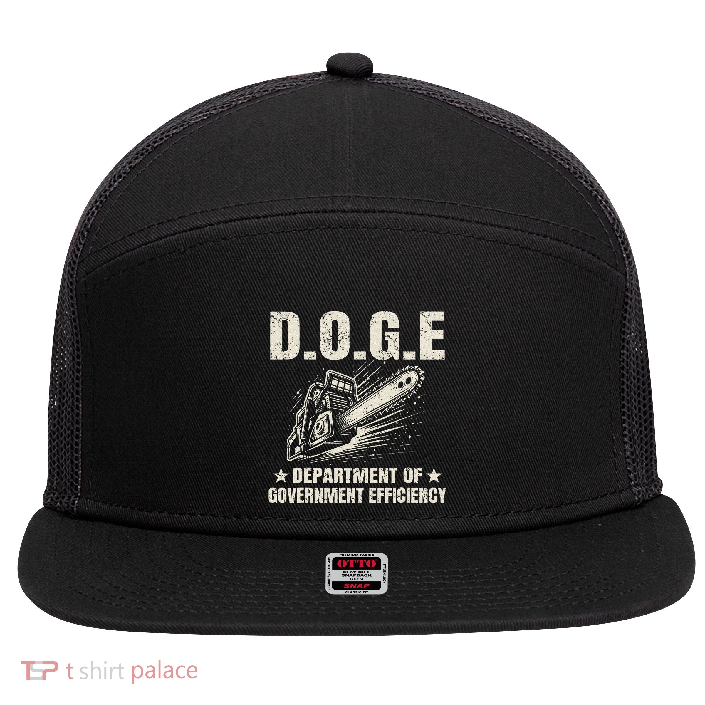Chainsaw For Bureaucracy Funny D.O.G.E Doge Usa Flag 7 Panel Mesh Trucker Snapback Hat