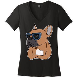 Cool French Bulldog Sunglasses Women's V-Neck T-Shirt