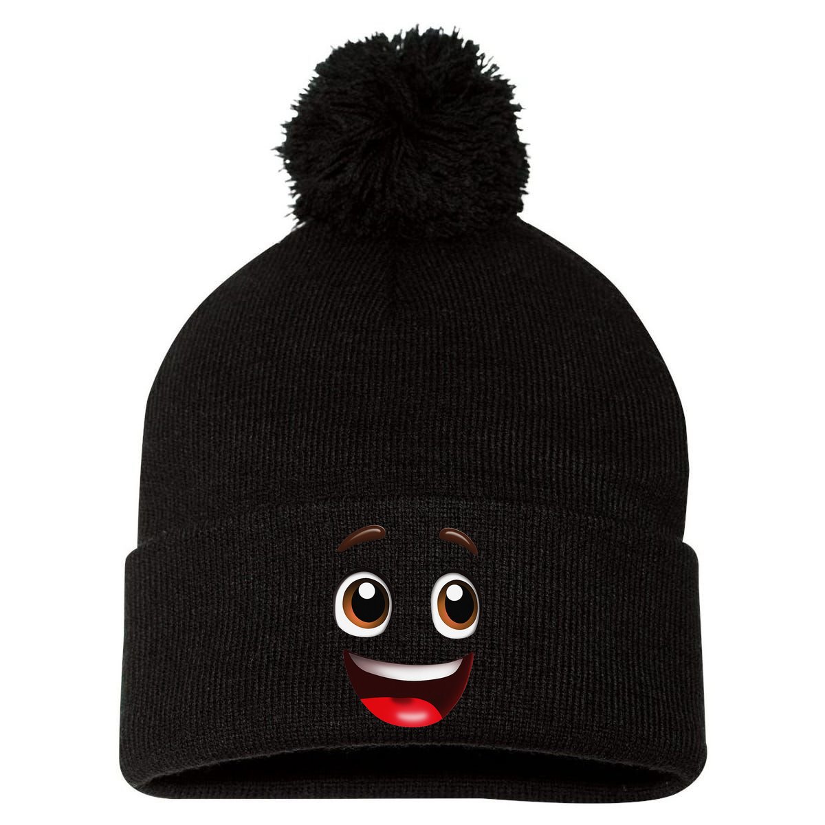Cartoon Face Brown Eyes Pom Pom 12in Knit Beanie