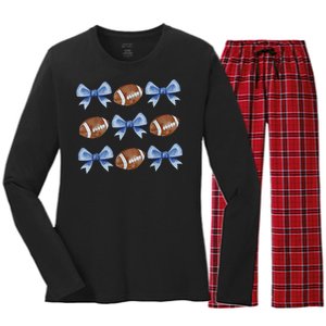 Coquette Football Bow Football Mom Game Day Women's Long Sleeve Flannel Pajama Set 