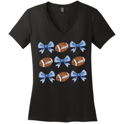 Coquette Football Bow Football Mom Game Day Women's V-Neck T-Shirt