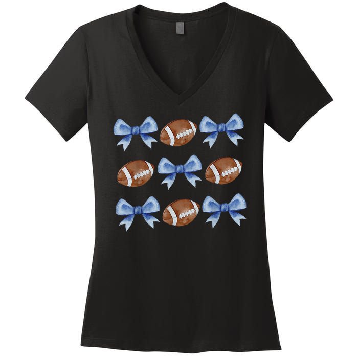 Coquette Football Bow Football Mom Game Day Women's V-Neck T-Shirt