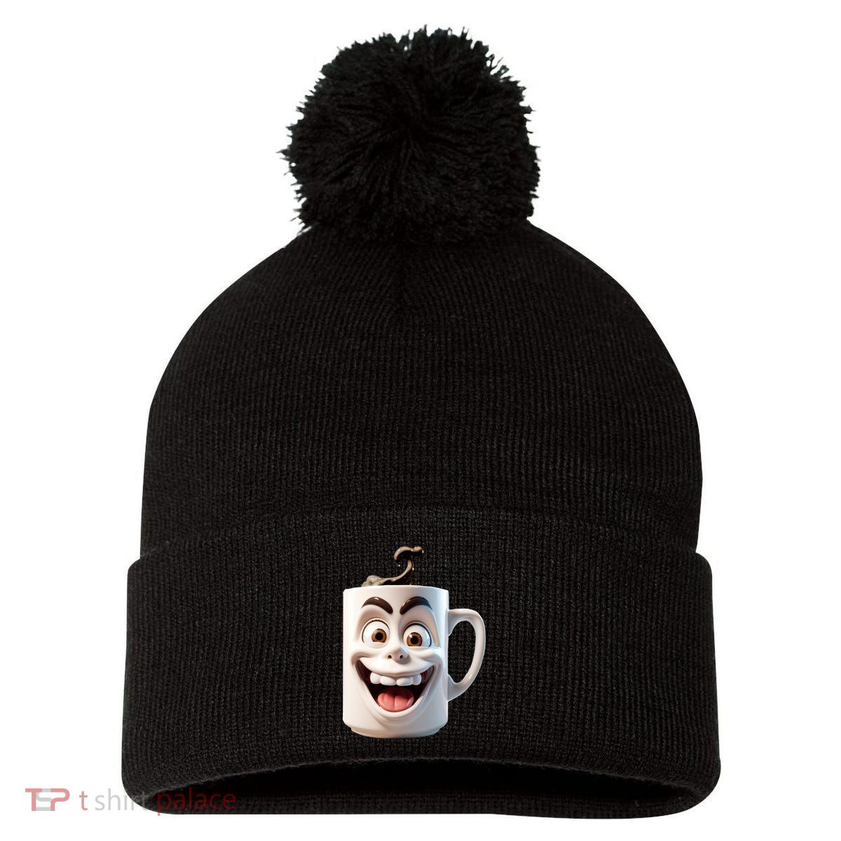 Crazy Face Coffee Character Pom Pom 12in Knit Beanie
