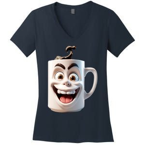 Crazy Face Coffee Character Women's V-Neck T-Shirt