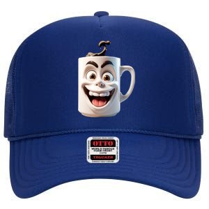 Crazy Face Coffee Character High Crown Mesh Back Trucker Hat