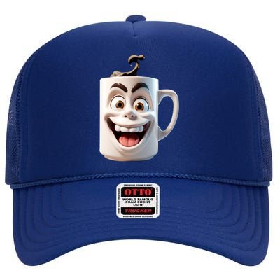 Crazy Face Coffee Character High Crown Mesh Back Trucker Hat