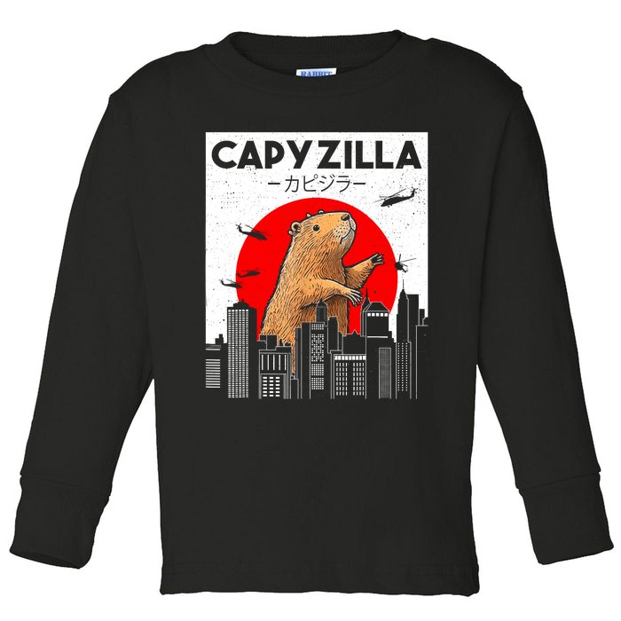 Capyzilla Funny Capybara Japanese Sunset Rodent Animal Lover Toddler Long Sleeve Shirt