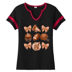 Cute Football Cheer Fan Lover Ribbon Bow Coquette Style Ladies Halftime Notch Neck Tee