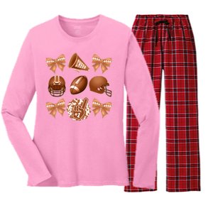 Cute Football Cheer Fan Lover Ribbon Bow Coquette Style Women's Long Sleeve Flannel Pajama Set 