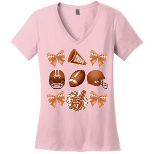 Cute Football Cheer Fan Lover Ribbon Bow Coquette Style Women's V-Neck T-Shirt