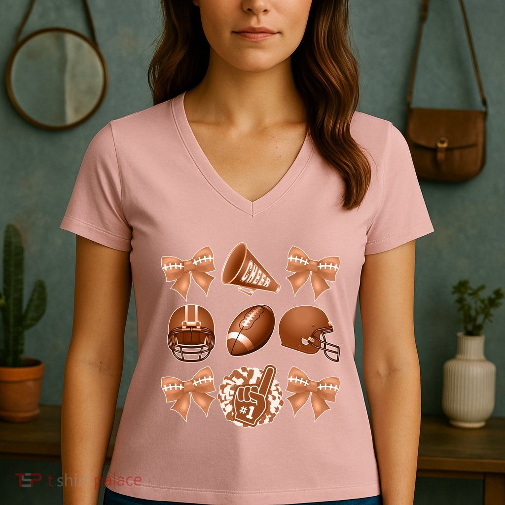 Cute Football Cheer Fan Lover Ribbon Bow Coquette Style Women's V-Neck T-Shirt