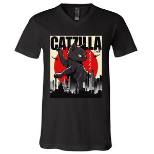 Catzilla Funny Cat Funny Cat Lover animal V-Neck T-Shirt