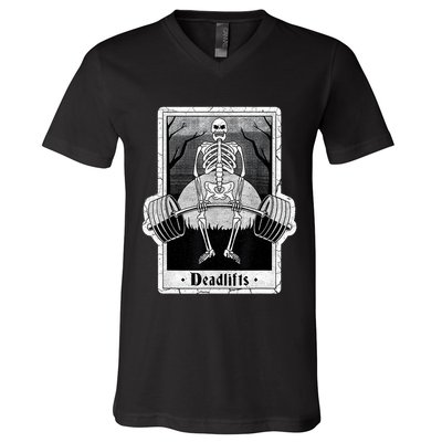 deadlifts skeleton tarot card – funny weightlifting V-Neck T-Shirt