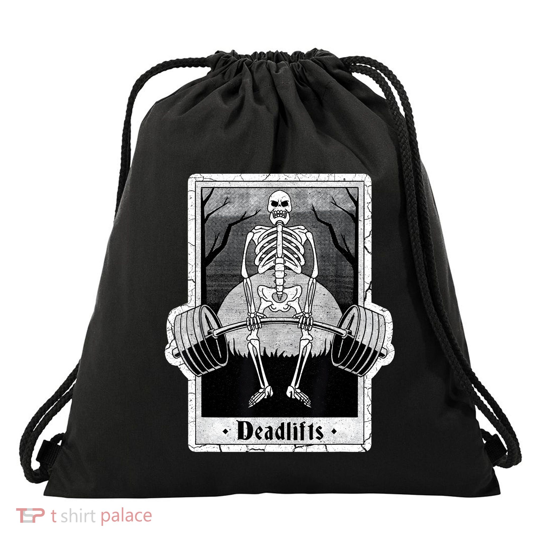 deadlifts skeleton tarot card – funny weightlifting Drawstring Bag