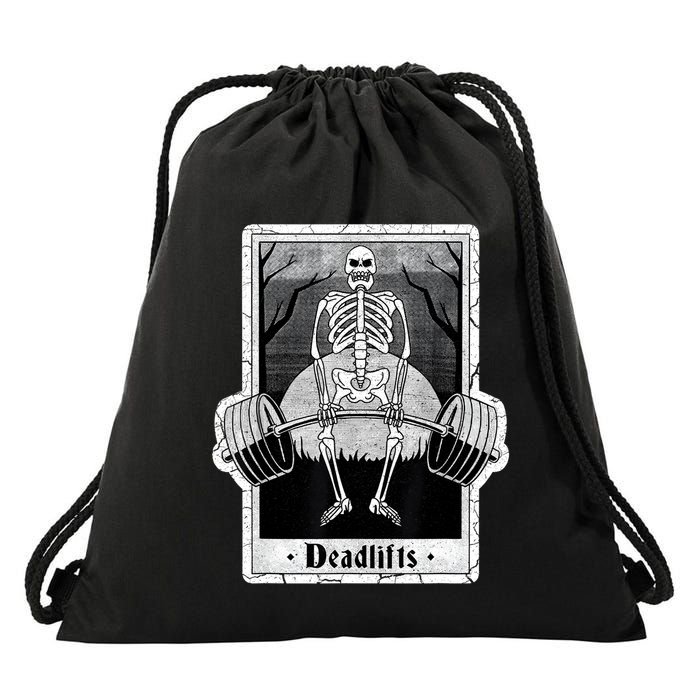 deadlifts skeleton tarot card – funny weightlifting Drawstring Bag