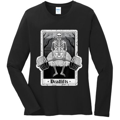 deadlifts skeleton tarot card – funny weightlifting Ladies Long Sleeve Shirt